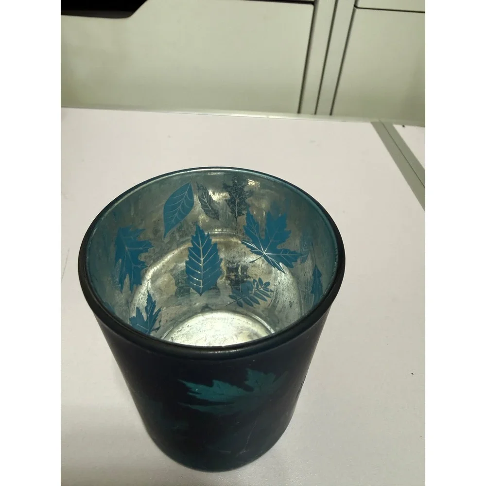 Teal Blue Glass Leaf Votive‎ Candle Holder 3 Inch Mercury Style